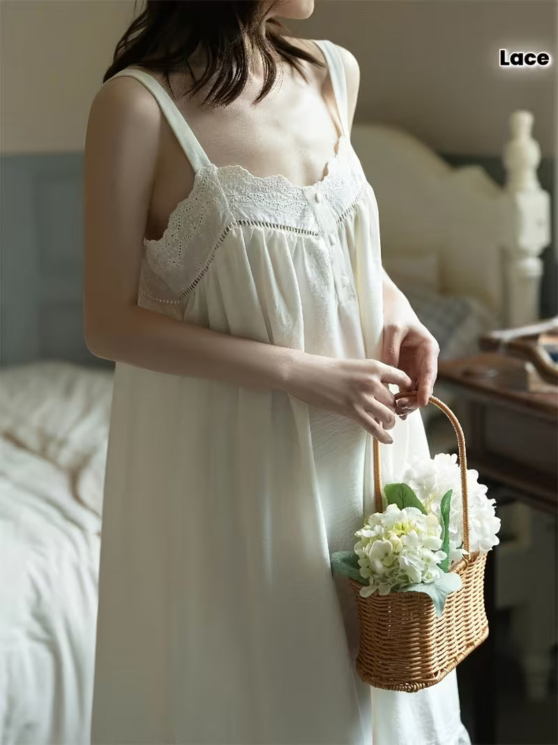 Summer Forest-style Pure Desire Loose-fitting Women's Nightgown with Lace Trim, Spaghetti Strap Long Dress, Sexy Hollow Lace, Elegant with Built-in Chest Pads, Can Be Worn Outside, Solid Color Women's