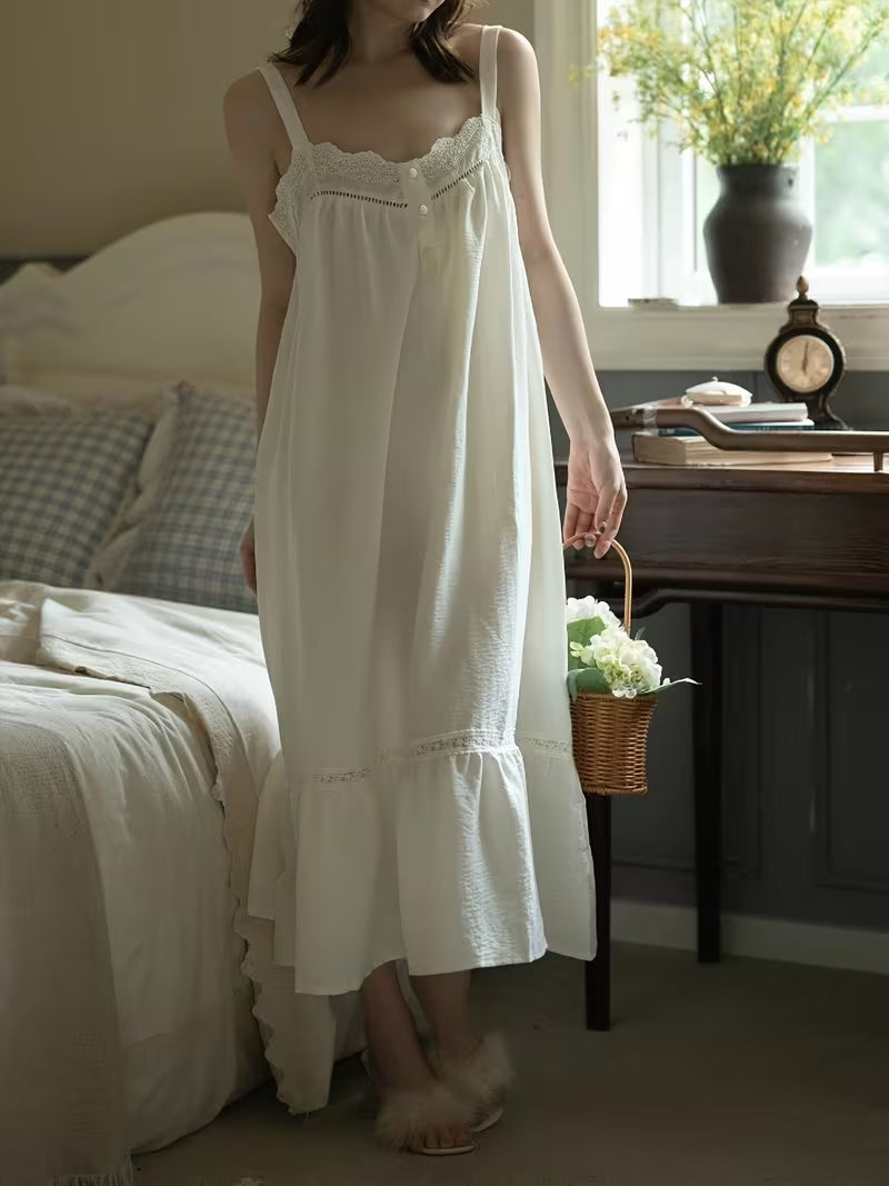 Summer Forest-style Pure Desire Loose-fitting Women's Nightgown with Lace Trim, Spaghetti Strap Long Dress, Sexy Hollow Lace, Elegant with Built-in Chest Pads, Can Be Worn Outside, Solid Color Women's