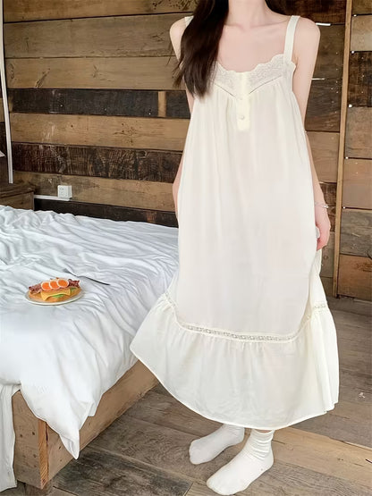 Summer Forest-style Pure Desire Loose-fitting Women's Nightgown with Lace Trim, Spaghetti Strap Long Dress, Sexy Hollow Lace, Elegant with Built-in Chest Pads, Can Be Worn Outside, Solid Color Women's