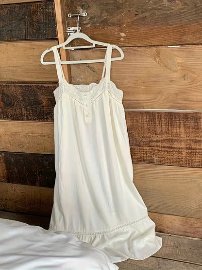 Summer Forest-style Pure Desire Loose-fitting Women's Nightgown with Lace Trim, Spaghetti Strap Long Dress, Sexy Hollow Lace, Elegant with Built-in Chest Pads, Can Be Worn Outside, Solid Color Women's