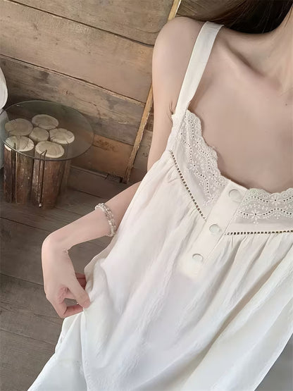 Summer Forest-style Pure Desire Loose-fitting Women's Nightgown with Lace Trim, Spaghetti Strap Long Dress, Sexy Hollow Lace, Elegant with Built-in Chest Pads, Can Be Worn Outside, Solid Color Women's