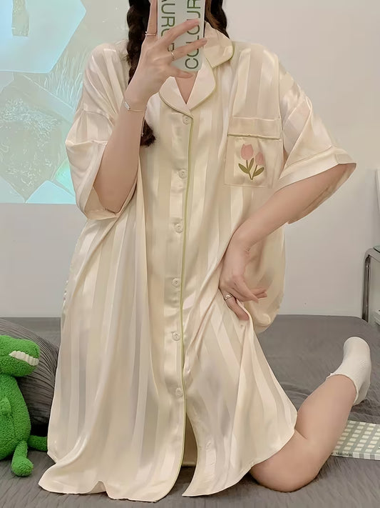 Plus-Size Women'S Nightgown for Going Out, Spring/Summer 2025 New Style, Loose Fit, Elegant And Sweet, Short-Sleeved Pajamas, Home Wear