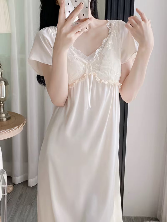 French Lace Nightgown, Women's Nightgown, Pure Desire Style Sleepwear, Short-sleeved Long Nightgown, Women's Nightgown with Chest Pads, Elegant Home Wear, High-end Sleepwear