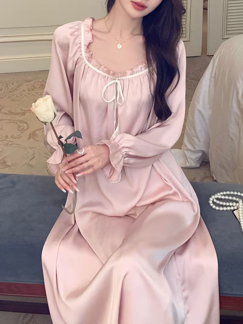 French-Style Sweet and Cute Long Nightgown, Solid Color with Ties, Loose Fit, Casual and Comfortable, Long Sleeve Women's Sleepwear, Loungewear