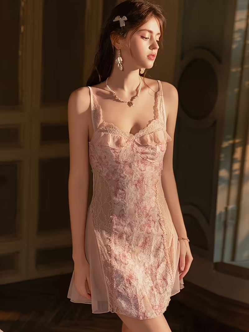 Women Solid Color Print Mesh Sheer Deep Padded Camisole Nightgown with Backless Design Flowy Sleeveless Sleep Dress Summer