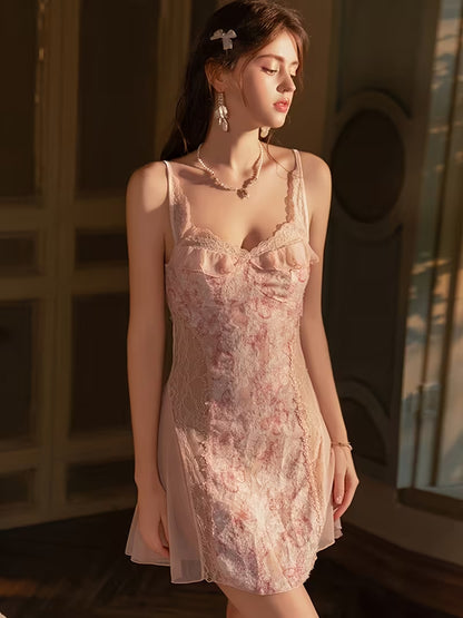 Women Solid Color Print Mesh Sheer Deep Padded Camisole Nightgown with Backless Design Flowy Sleeveless Sleep Dress Summer