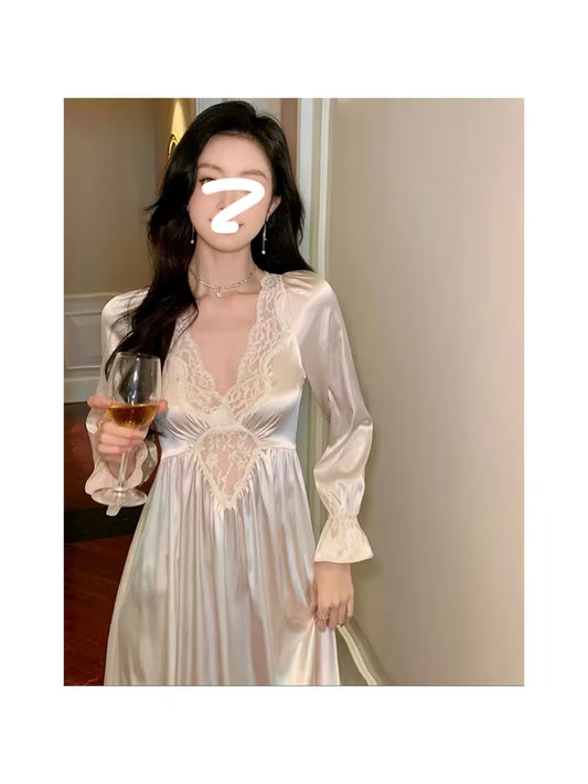 Spring Summer Lace Chest Pad Nightdress Vintage French Long Fairy Dress Chinese Style Ice Nightgown