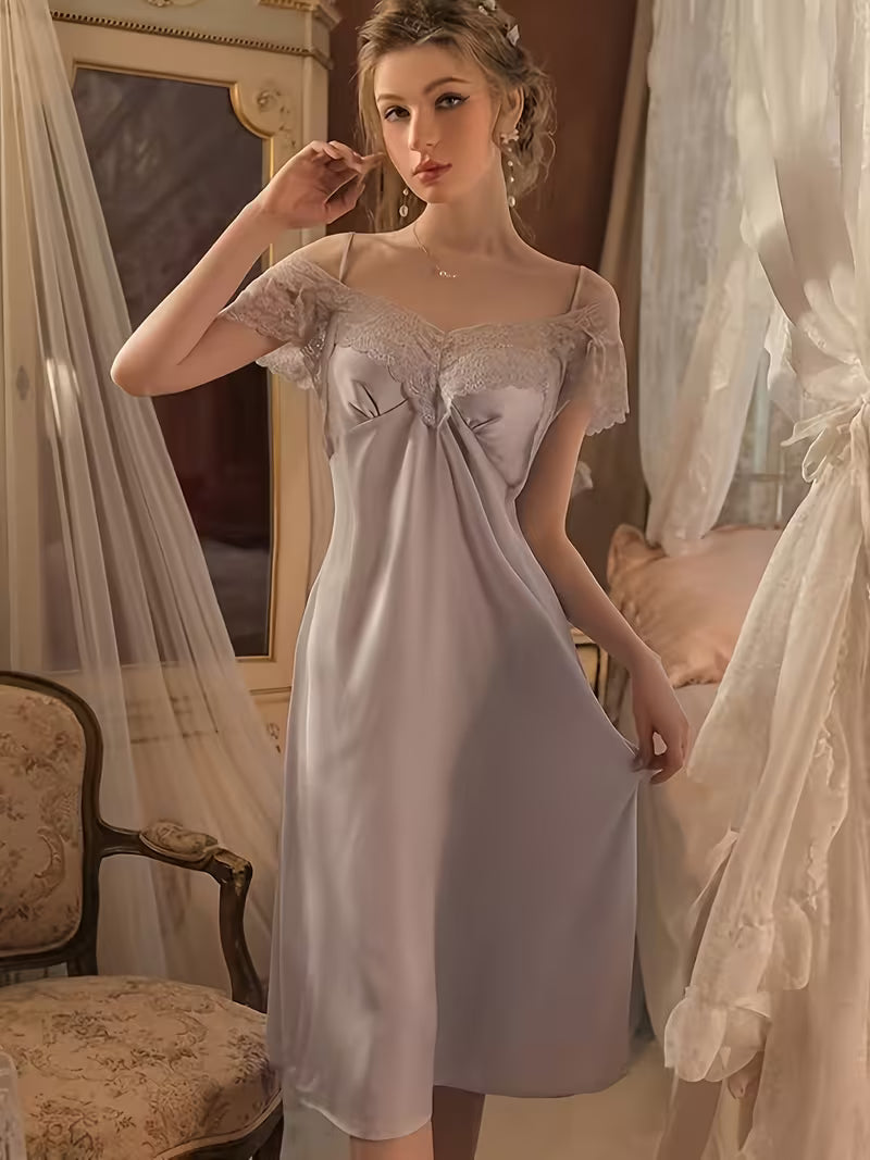 French-Style Sexy Nightgown for Women, Satin with High-End Lace, Long Home Wear