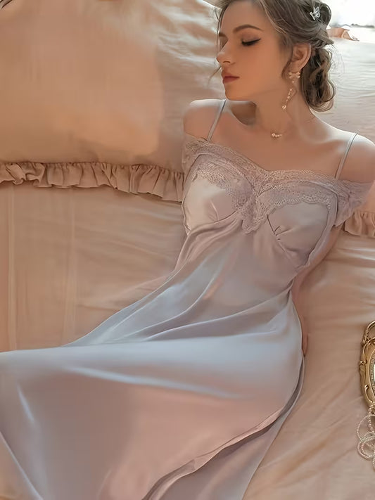French-Style Sexy Nightgown for Women, Satin with High-End Lace, Long Home Wear