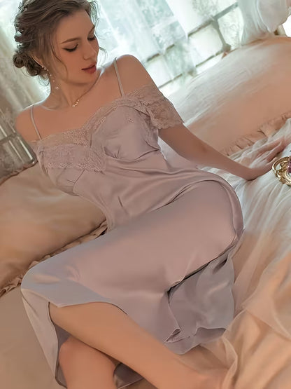 French-Style Sexy Nightgown for Women, Satin with High-End Lace, Long Home Wear