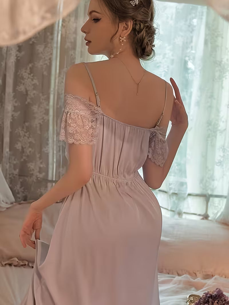 French-Style Sexy Nightgown for Women, Satin with High-End Lace, Long Home Wear