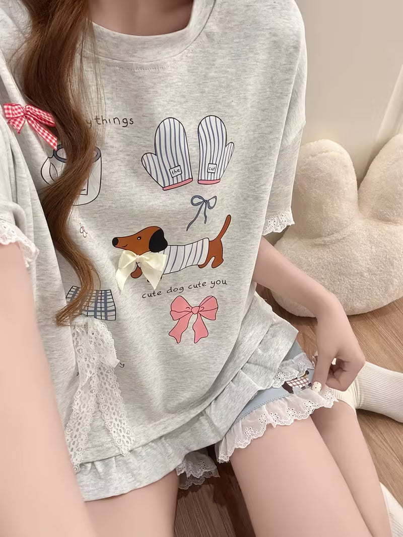 Women's Pajama Set, Casual and Loose-fitting, with Cute Cartoon Puppy Pattern, Silvery-gray Short-sleeve Top + Shorts, Suitable for Summer, Featuring Adorable Lace Trim, a Comfortable Loungewear Set