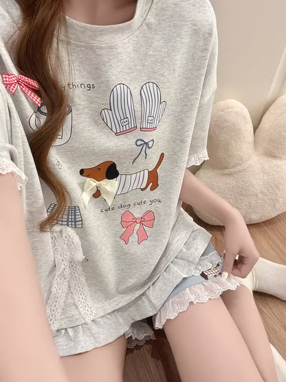 Women's Pajama Set, Casual and Loose-fitting, with Cute Cartoon Puppy Pattern, Silvery-gray Short-sleeve Top + Shorts, Suitable for Summer, Featuring Adorable Lace Trim, a Comfortable Loungewear Set