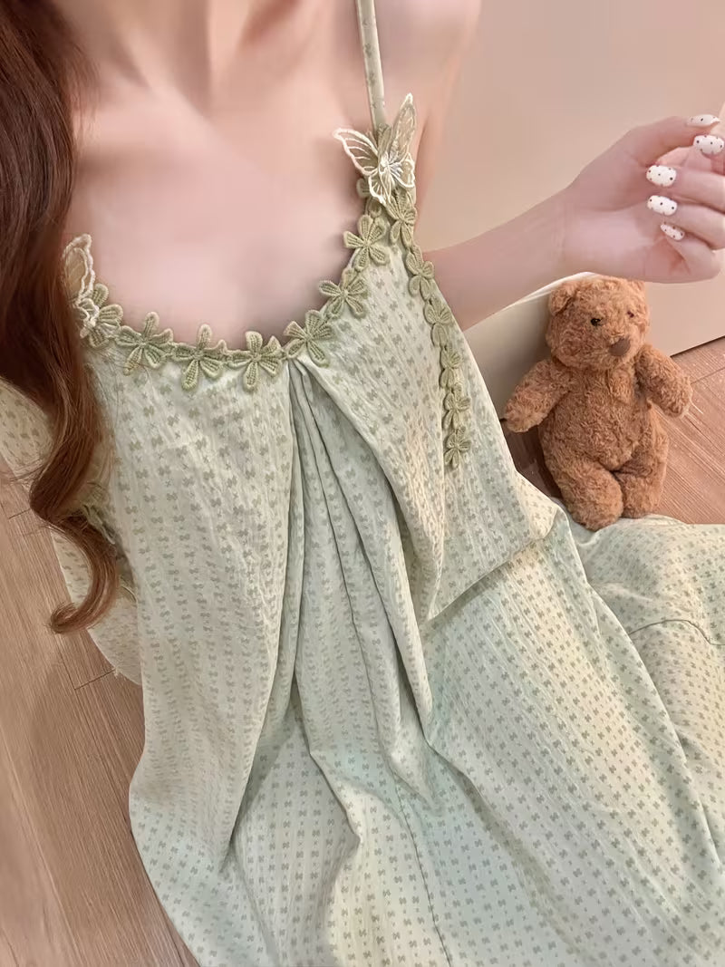 Princess Style Cami Dress Women'S Summer Bra Cup Sweet Cute Lace Trim Butterfly Home Wear
