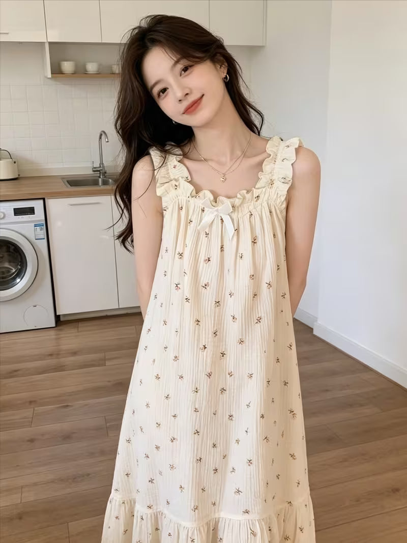 Ins Hot Style Fresh Floral Nightgown, Bow Tie Tie-Up Loose Camisole Dress, Breathable Home Sleepwear