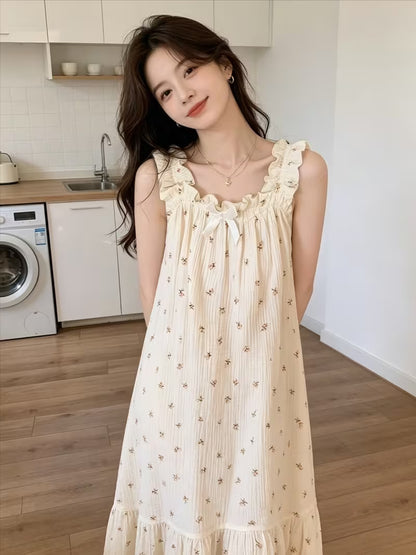 Ins Hot Style Fresh Floral Nightgown, Bow Tie Tie-Up Loose Camisole Dress, Breathable Home Sleepwear