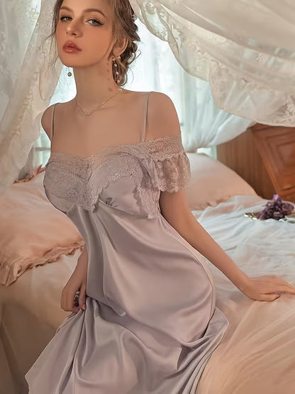 French-Style Sexy Nightgown for Women, Satin with High-End Lace, Long Home Wear