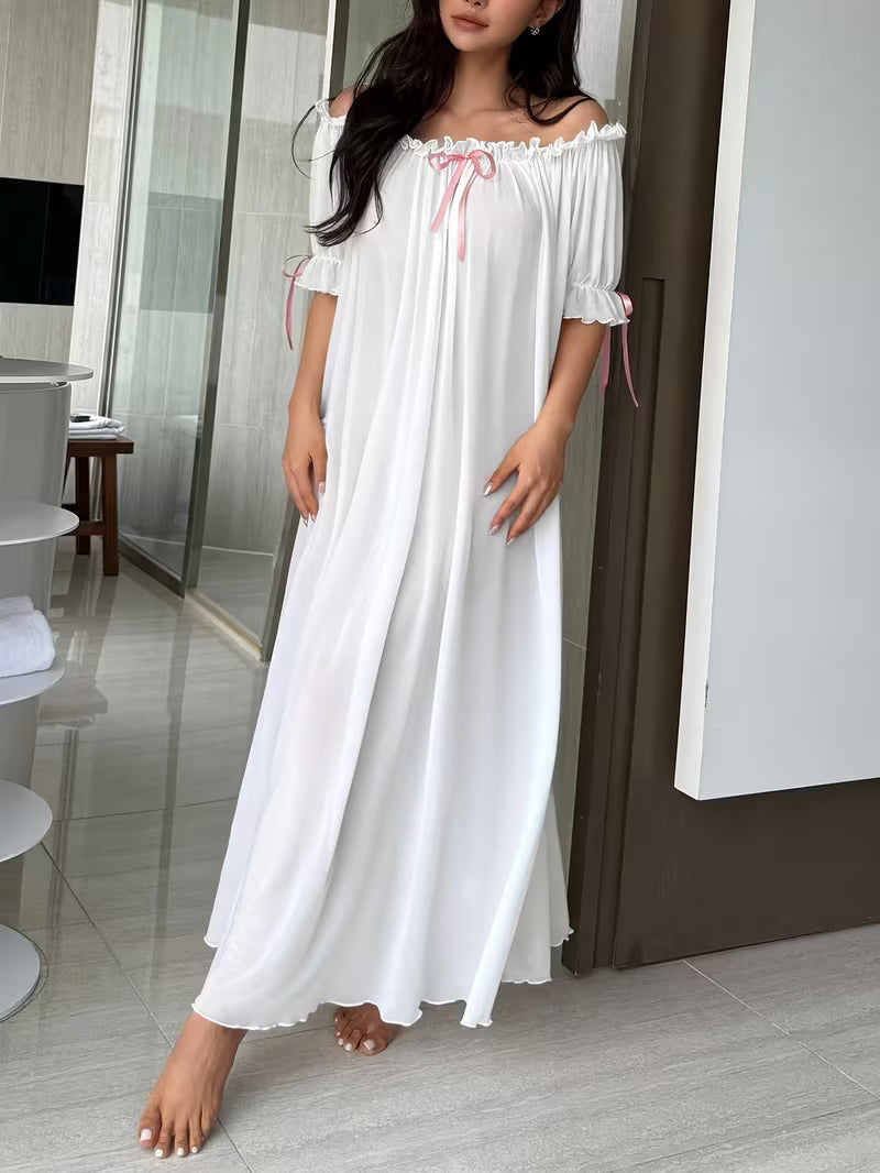 Standard Size Women's All-Season Nightgown, Simple Solid Color, Comfortable and Sexy Off-the-Shoulder Long Style