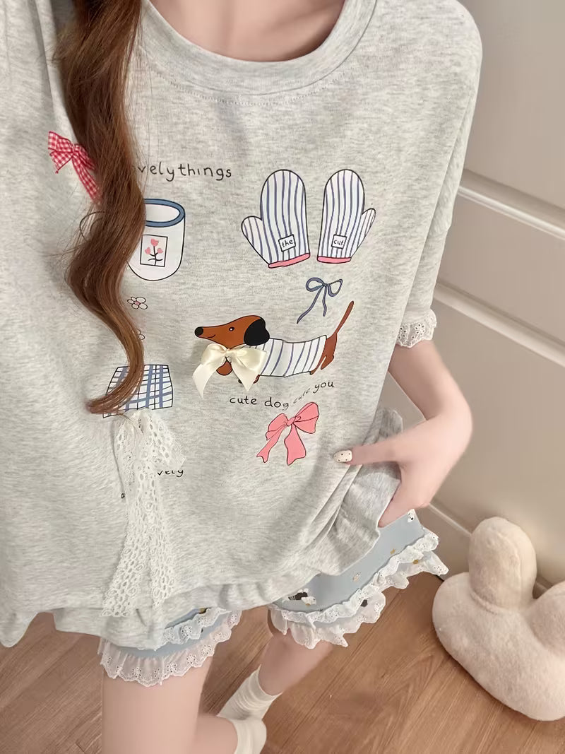 Women's Pajama Set, Casual and Loose-fitting, with Cute Cartoon Puppy Pattern, Silvery-gray Short-sleeve Top + Shorts, Suitable for Summer, Featuring Adorable Lace Trim, a Comfortable Loungewear Set