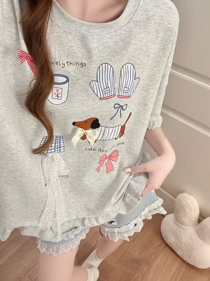 Women's Pajama Set, Casual and Loose-fitting, with Cute Cartoon Puppy Pattern, Silvery-gray Short-sleeve Top + Shorts, Suitable for Summer, Featuring Adorable Lace Trim, a Comfortable Loungewear Set