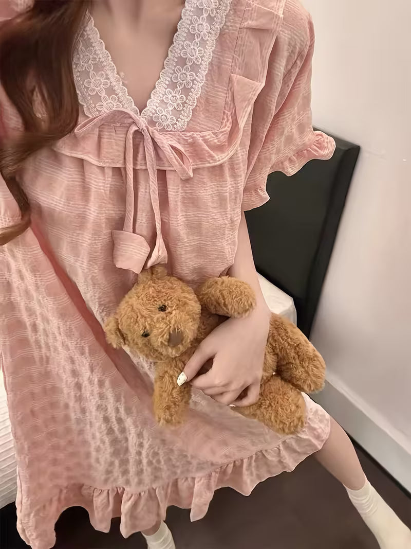 Bust Pad Plaid Nightgown Women'S Summer Short Sleeve Sweet Cute Princess Style Lace Home Wear