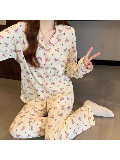 Women's Pajama Set, Sweet Love Comfortable Collar, Long Sleeved, Simple Bow, Apricot Purple, 2026 New