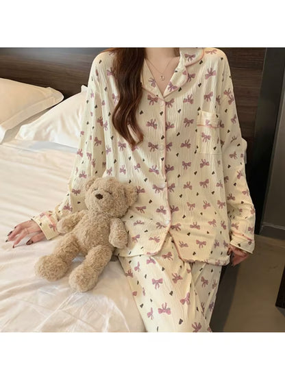 Women's Pajama Set, Sweet Love Comfortable Collar, Long Sleeved, Simple Bow, Apricot Purple, 2026 New