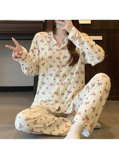 Women's Pajama Set, Sweet Love Comfortable Collar, Long Sleeved, Simple Bow, Apricot Purple, 2026 New