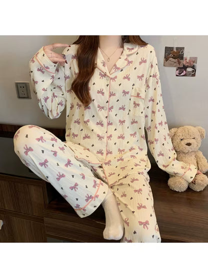 Women's Pajama Set, Sweet Love Comfortable Collar, Long Sleeved, Simple Bow, Apricot Purple, 2026 New