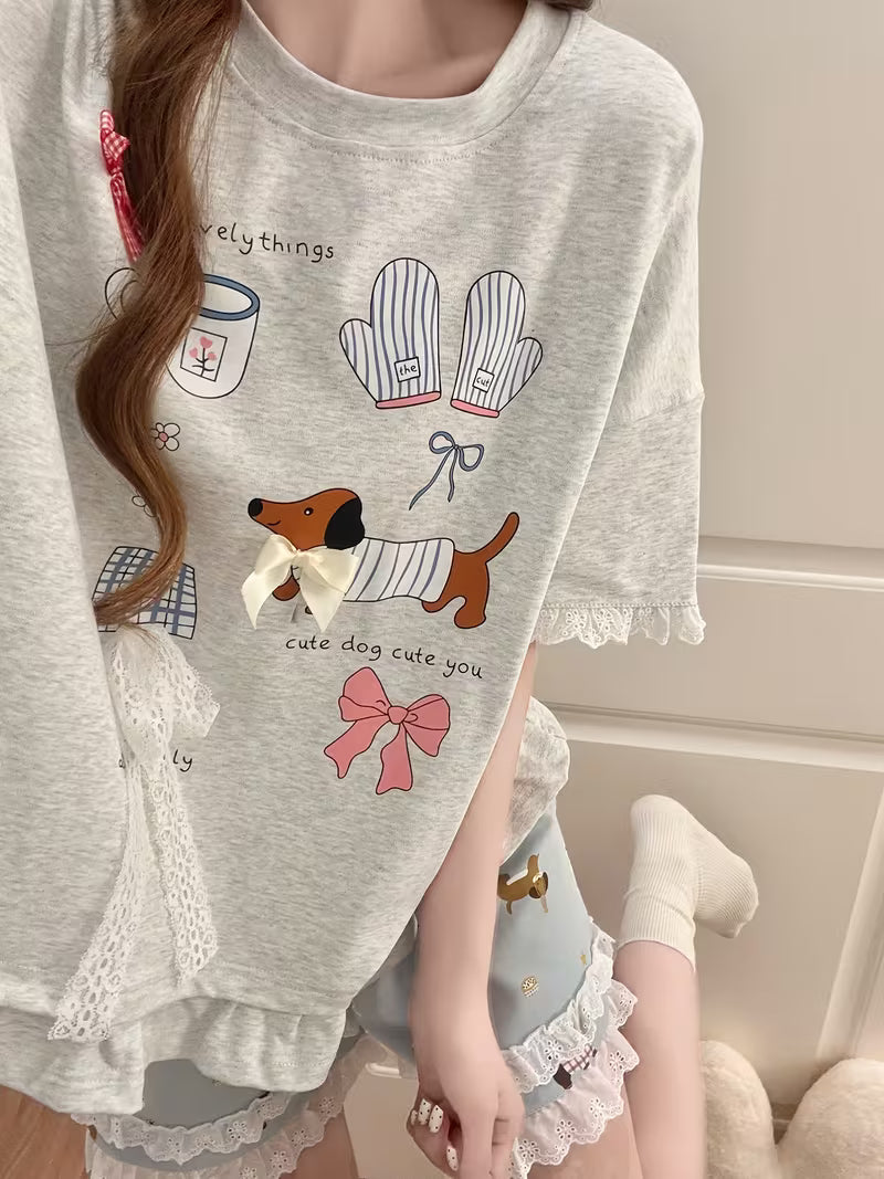 Women's Pajama Set, Casual and Loose-fitting, with Cute Cartoon Puppy Pattern, Silvery-gray Short-sleeve Top + Shorts, Suitable for Summer, Featuring Adorable Lace Trim, a Comfortable Loungewear Set