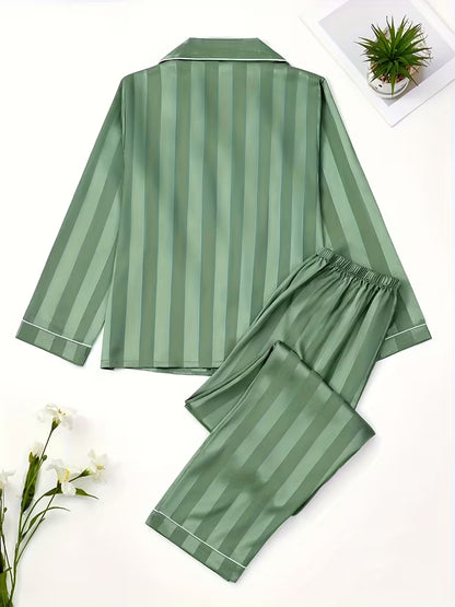 2pcs Women's Striped Print Satin Pajama Set, Soft Long Sleeve Button-Front Collared Shirt and Elastic Waist Pants, Comfortable Sleepwear Set