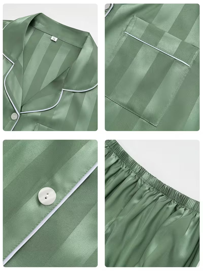 2pcs Women's Striped Print Satin Pajama Set, Soft Long Sleeve Button-Front Collared Shirt and Elastic Waist Pants, Comfortable Sleepwear Set