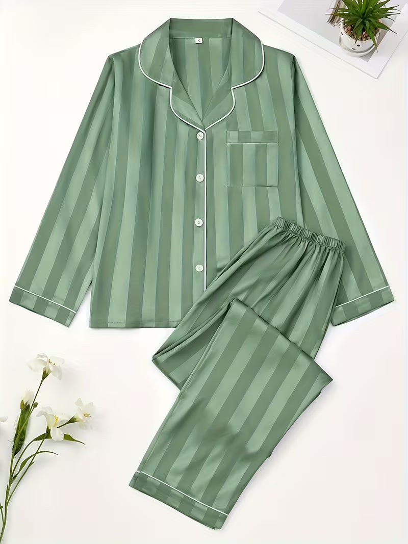 2pcs Women's Striped Print Satin Pajama Set, Soft Long Sleeve Button-Front Collared Shirt and Elastic Waist Pants, Comfortable Sleepwear Set
