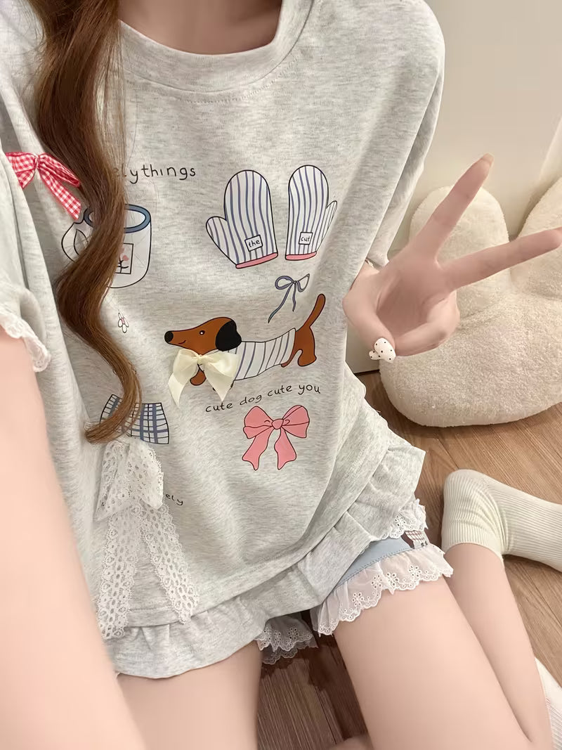 Women's Pajama Set, Casual and Loose-fitting, with Cute Cartoon Puppy Pattern, Silvery-gray Short-sleeve Top + Shorts, Suitable for Summer, Featuring Adorable Lace Trim, a Comfortable Loungewear Set
