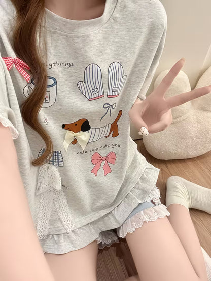 Women's Pajama Set, Casual and Loose-fitting, with Cute Cartoon Puppy Pattern, Silvery-gray Short-sleeve Top + Shorts, Suitable for Summer, Featuring Adorable Lace Trim, a Comfortable Loungewear Set