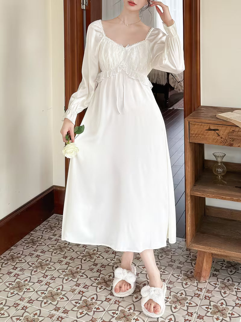 Ningyue Nightgown: A Sweet, Long French-Style Sleep Dress with Lace Details