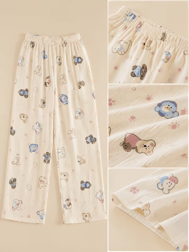 1pc Summer Cute Pants for Comfortable ' Home Wear with Cartoon Prints, Breathable, Loose-Fit Sleep Pants