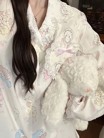 In-stock Non-stretch High-quality Women's Pajama Set, Spring/autumn/summer Long Sleeve Long Pants Plus Size Lightweight Sweet Cardigan Casual Wearable 2pcs Set with Lace Trim, Cute Cartoon Design for