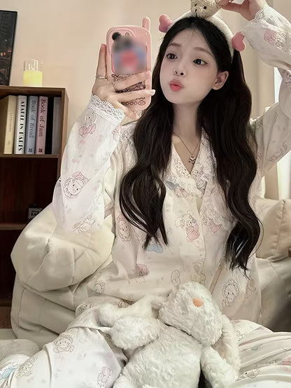 In-stock Non-stretch High-quality Women's Pajama Set, Spring/autumn/summer Long Sleeve Long Pants Plus Size Lightweight Sweet Cardigan Casual Wearable 2pcs Set with Lace Trim, Cute Cartoon Design for