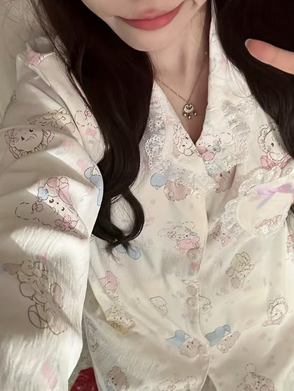 In-stock Non-stretch High-quality Women's Pajama Set, Spring/autumn/summer Long Sleeve Long Pants Plus Size Lightweight Sweet Cardigan Casual Wearable 2pcs Set with Lace Trim, Cute Cartoon Design for