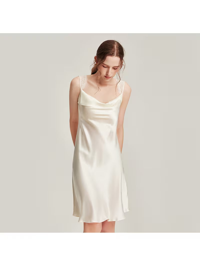 Made of Premium 100% Mulberry with Glossy Satin Texture. Delicate Lace Trimmed Shoulder Straps and Draped Cowl Neck, Ruffle Hem Delivers Loose Comfy Fit for Nightwear and Indoor Loungewear