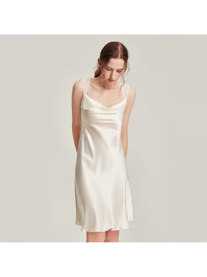 Made of Premium 100% Mulberry with Glossy Satin Texture. Delicate Lace Trimmed Shoulder Straps and Draped Cowl Neck, Ruffle Hem Delivers Loose Comfy Fit for Nightwear and Indoor Loungewear