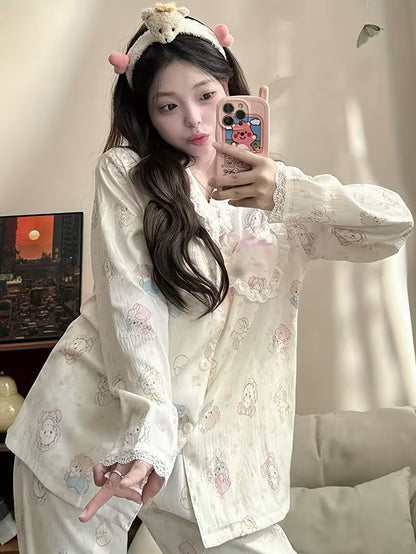 In-stock Non-stretch High-quality Women's Pajama Set, Spring/autumn/summer Long Sleeve Long Pants Plus Size Lightweight Sweet Cardigan Casual Wearable 2pcs Set with Lace Trim, Cute Cartoon Design for