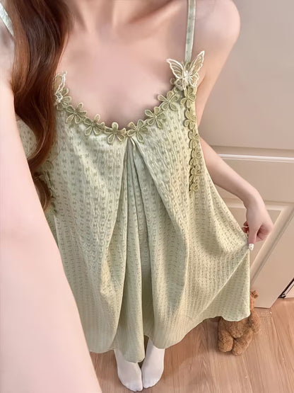 Princess Style Cami Dress Women'S Summer Bra Cup Sweet Cute Lace Trim Butterfly Home Wear