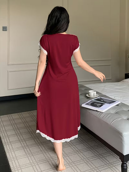 Elegant Ladies' Solid Color Nightgown with Lace Trim And a V-Neck, Sleeveless Design