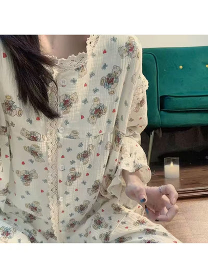 Japanese-style Sweet Cute Bear Women, Spring and Autumn Long-sleeve Long-pants Lace Trim Home Wear Set