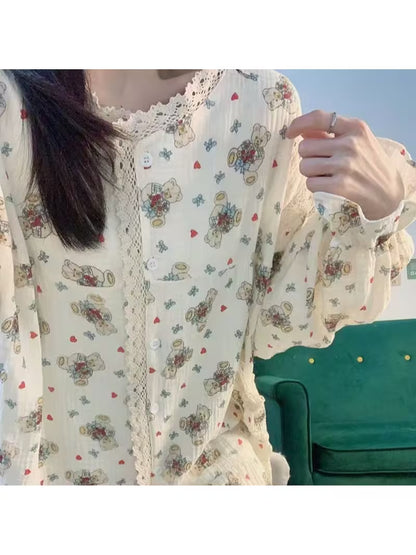 Japanese-style Sweet Cute Bear Women, Spring and Autumn Long-sleeve Long-pants Lace Trim Home Wear Set
