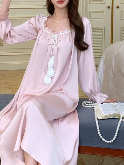 French-Style Sweet and Cute Long Nightgown, Solid Color with Ties, Loose Fit, Casual and Comfortable, Long Sleeve Women's Sleepwear, Loungewear