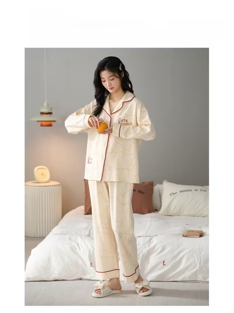 Pure Autumn And Winter New Pajamas Women'S Lapel Cardigan Long-Sleeved Trousers Two-Piece Casual Women'S Home Wear
