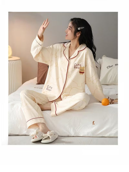 Pure Autumn And Winter New Pajamas Women'S Lapel Cardigan Long-Sleeved Trousers Two-Piece Casual Women'S Home Wear